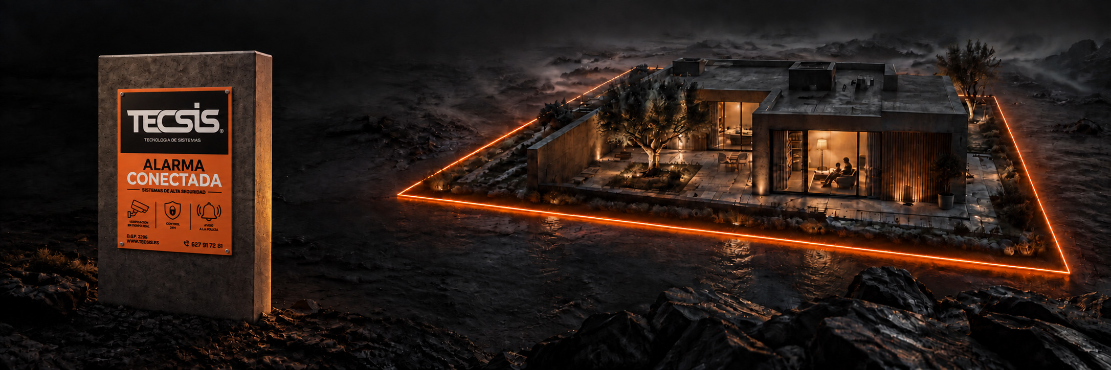 Imagen conceptual de una vivienda protegida por un perímetro naranja, con la placa de alarma TECSIS instalada en el muro de acceso.